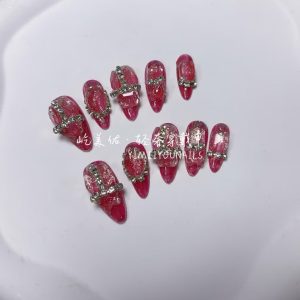 【65#豆沙】Pure handmade wearable nail, full diamond almond nail nail