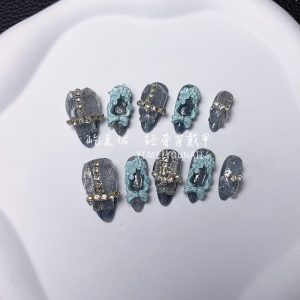 Pure handmade nail blue heavy industry nail patch high-end full-size nail sticker [66# blue frame]