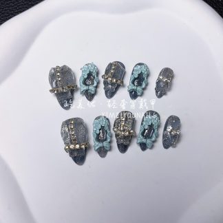 Pure handmade nail blue heavy industry nail patch high-end full-size nail sticker [66# blue frame]