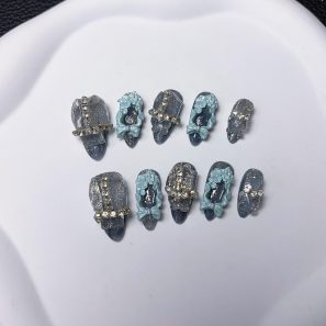 Pure handmade nail blue heavy industry nail patch high-end full-size nail sticker [66# blue frame]